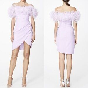 Pamella Roland Lilac Ostrich Feather Off The Shoulder Crepe Cocktail Dress